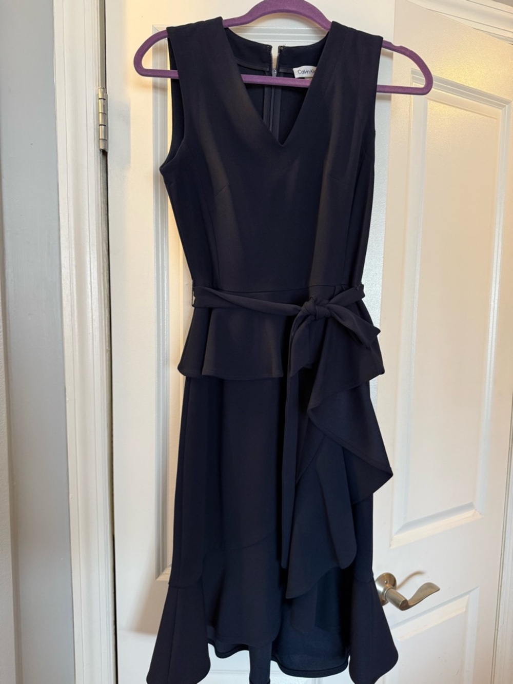 Calvin Klein Navy Sleeveless V-Neck Peplum Midi Dress with Waist Tie
